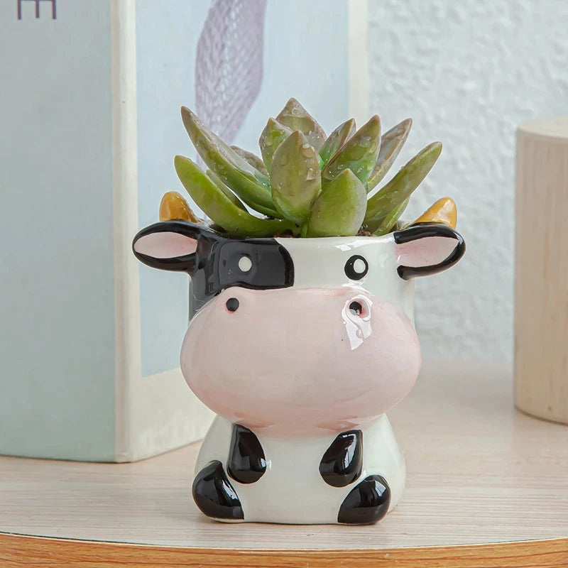 Nordic New Style Ceramic Animal Flower Pot Cartoon Zebra Sheep Cow Head Mini Pot Succulents Plants Bonsai Pots Home Decoration