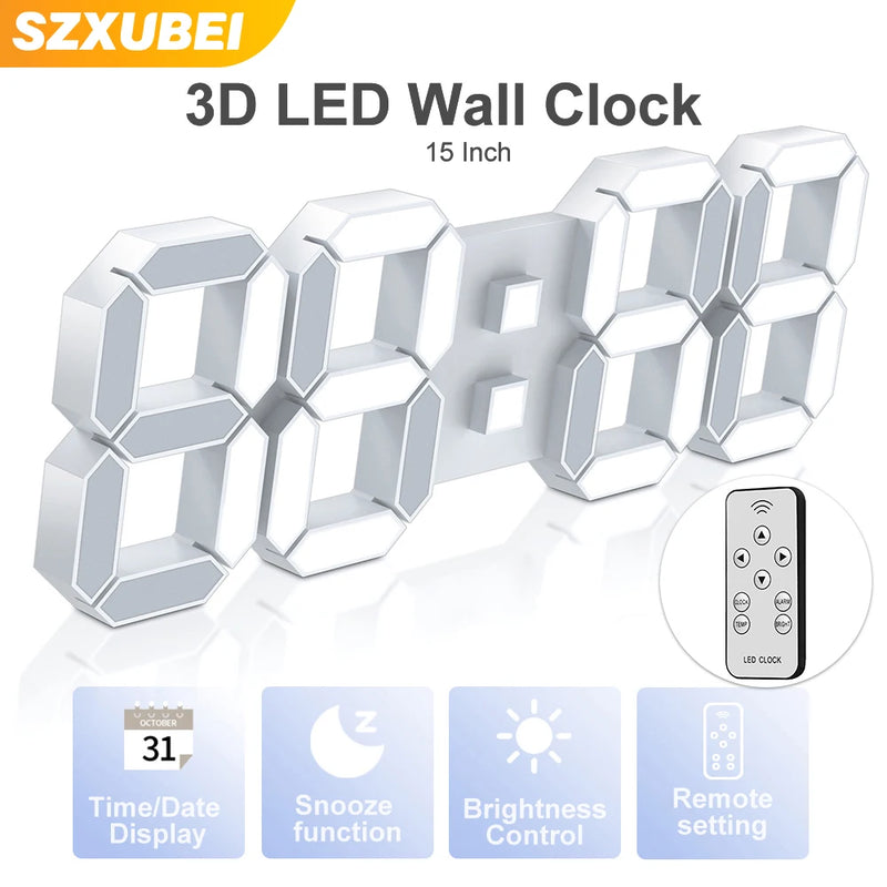 3D LED Wall Clock Large Digital Wall Clock With Remote Control Alarm Clock Time/Date/Temp Display Wall&Table Clock Modern Design