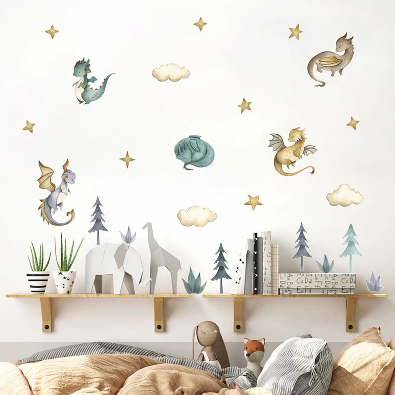 Cartoon Dragon Animals Clouds Stars Watercolor Nursery Wall Sticker Removable Vinyl Wall Decals Mural Boys Kids Room Home Decor