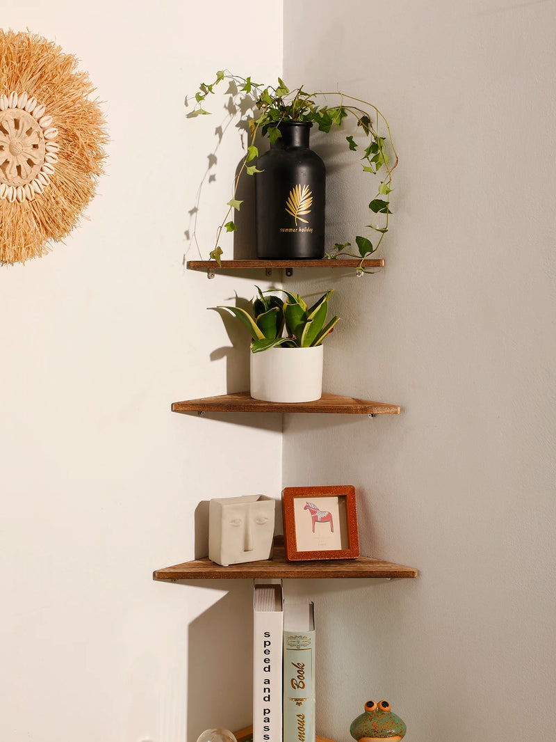 Wooden Corner Shelf Dark Wood Floating Shelf Dsiplay Stand Home Appliance Book Flower Pot Holder Living Room Accessories Gift