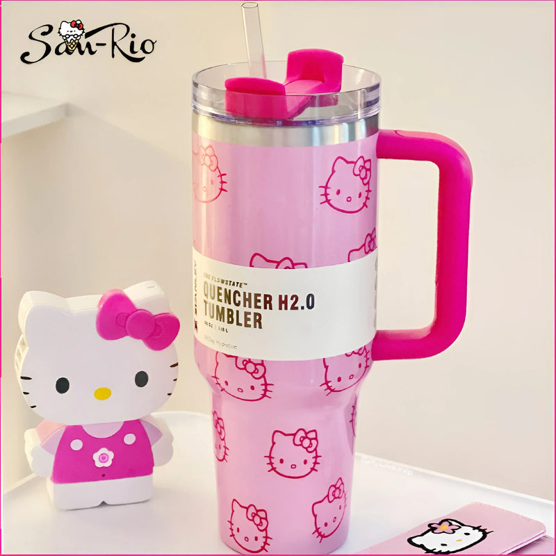 Miniso Hello Kitty 40Oz Stainless Steel Insulated Mug Pink with Handle Straw Mugs Large Capacity Thermos Drinks Coke Coffee Mug