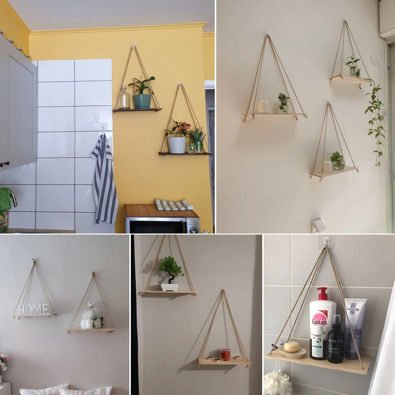 1pc Wood Swing Hanging Rope Wall Mounted Floating Shelves Home Living Room Wall Shelf Sundries Storage Outdoor Garden Decoration