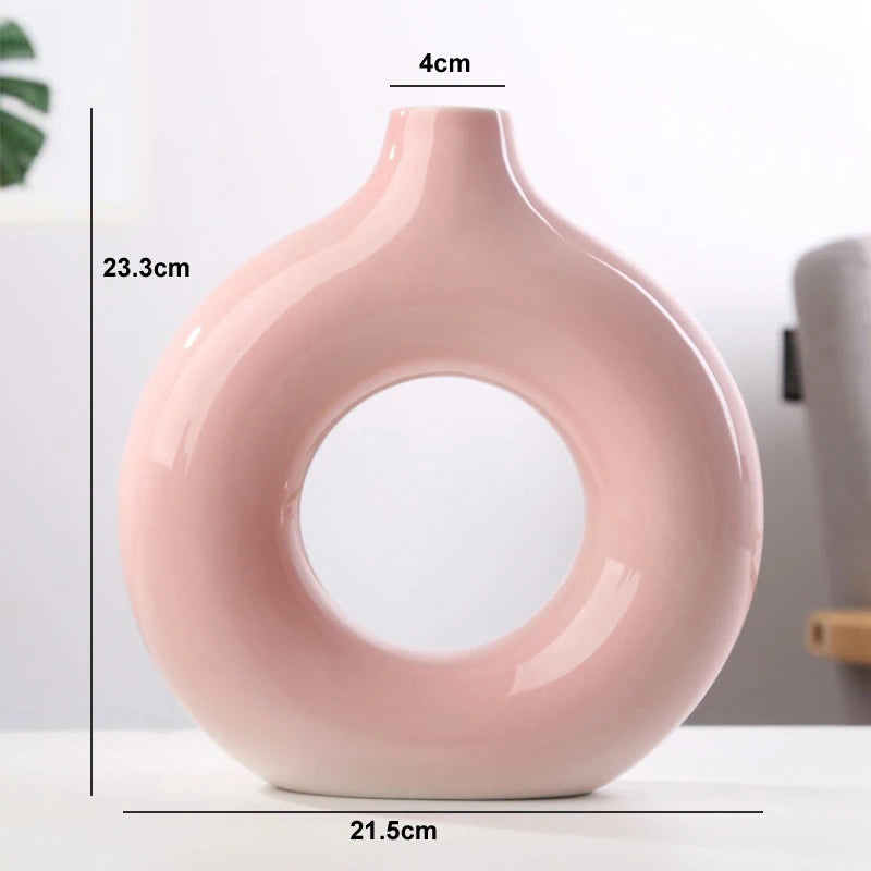 Nordic Vase Circular Hollow Ceramic Donuts Flower Pot Home Living Room.