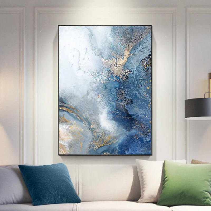 Blue Gold Abstract River Canvas Painting Modern Wall Art Posters Prints Landscape Pictures for Living Room Home Decor No Frame