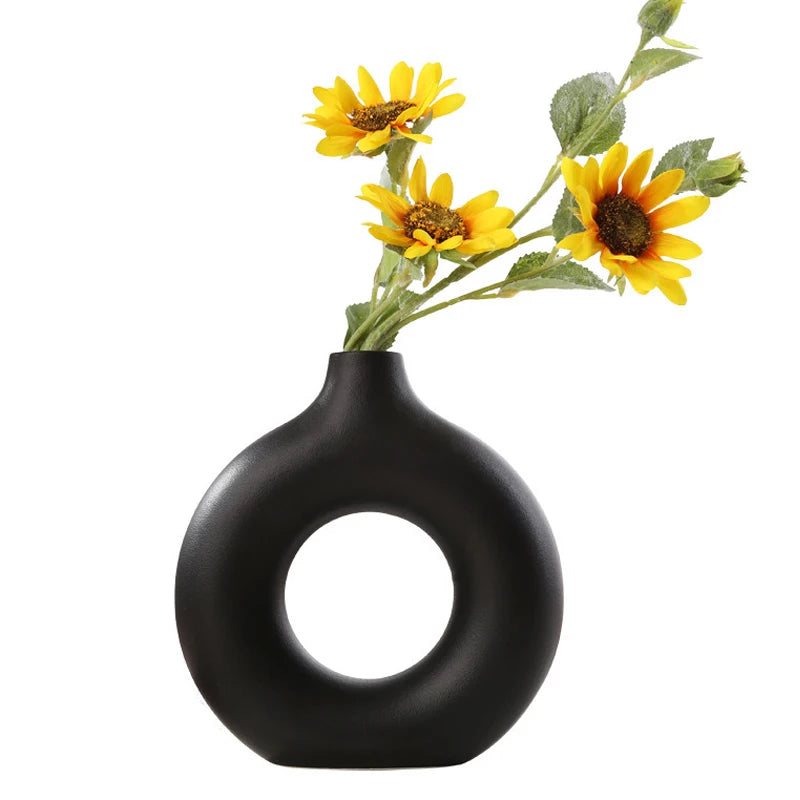 Nordic Vase Circular Hollow Ceramic Donuts Flower Pot Home Living Room.