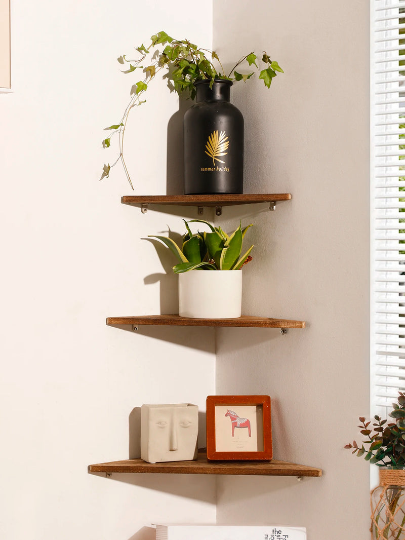 Wooden Corner Shelf Dark Wood Floating Shelf Dsiplay Stand Home Appliance Book Flower Pot Holder Living Room Accessories Gift