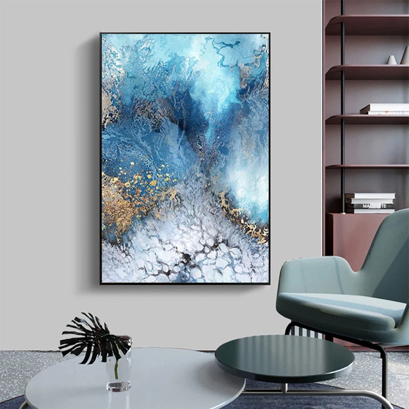 Blue Gold Abstract River Canvas Painting Modern Wall Art Posters Prints Landscape Pictures for Living Room Home Decor No Frame