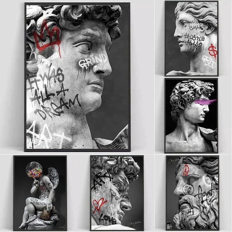 Statue of David Graffiti Art Canvas Painting David Head Sculpture Posters and Prints Street Wall Art Pictures for Room Decor