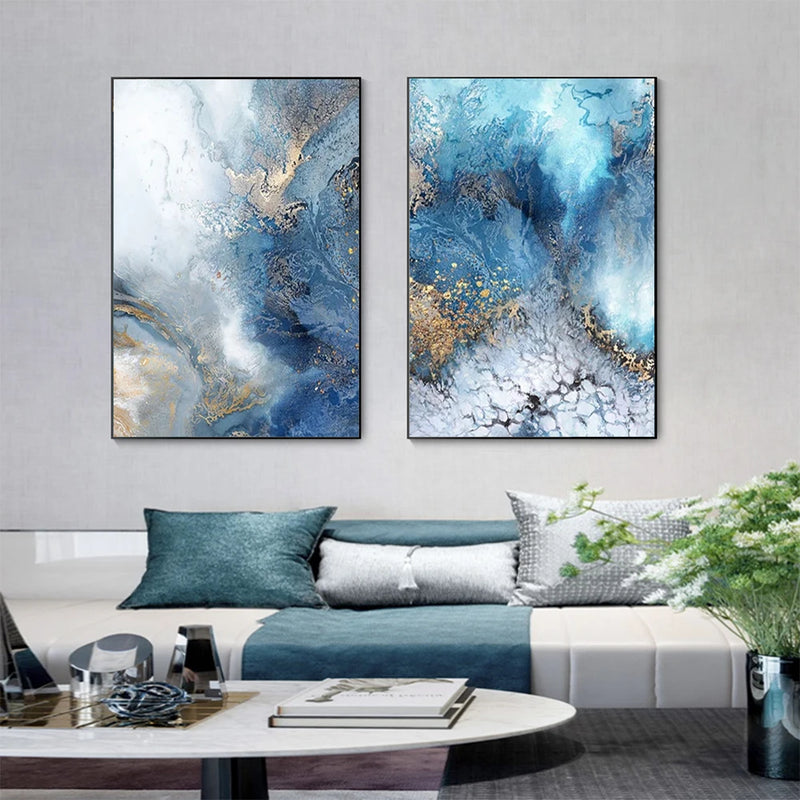 Blue Gold Abstract River Canvas Painting Modern Wall Art Posters Prints Landscape Pictures for Living Room Home Decor No Frame