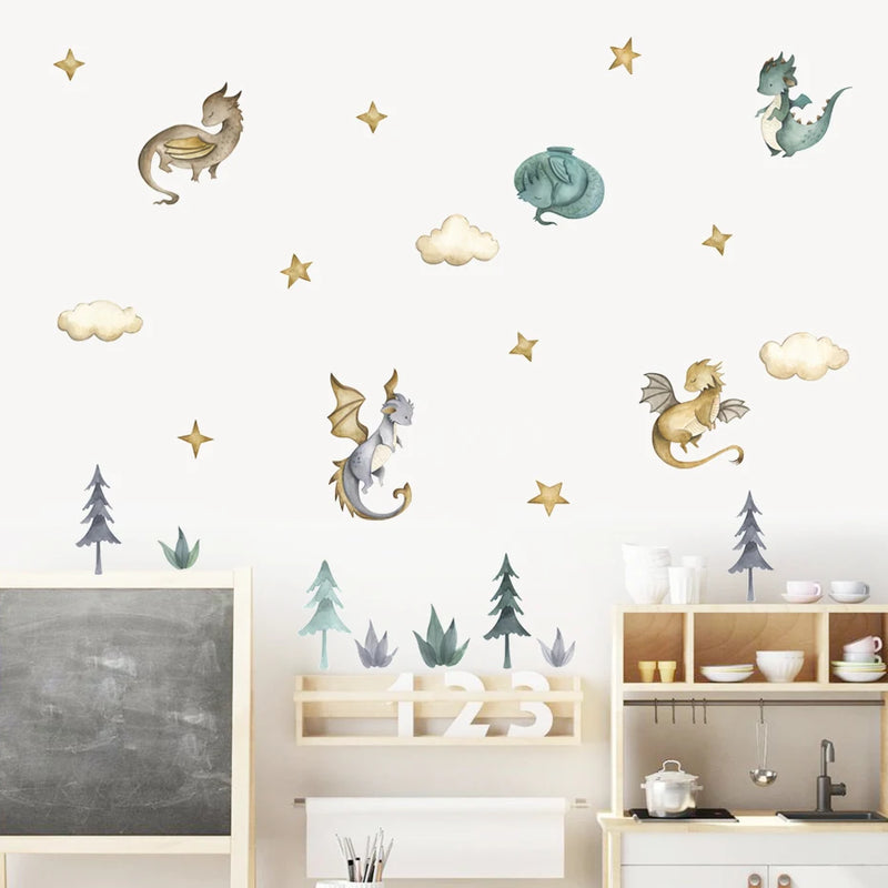 Cartoon Dragon Animals Clouds Stars Watercolor Nursery Wall Sticker Removable Vinyl Wall Decals Mural Boys Kids Room Home Decor