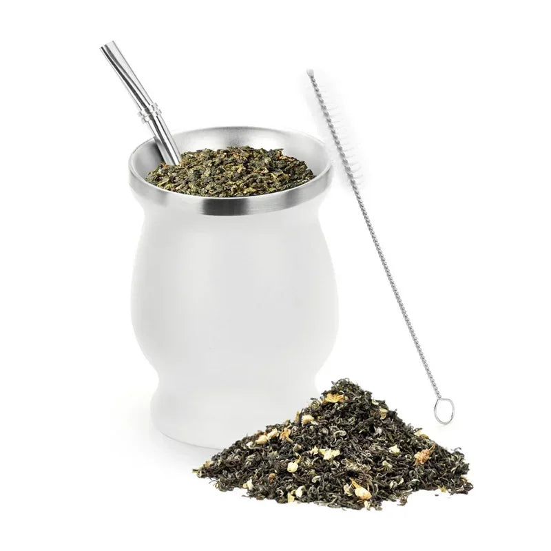 230ML Yerba Mate Cup Set Stainless Steel Includes Double Cleaning Brush Straw