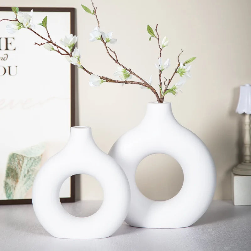 Imitation Ceramic Pure White, Flower Arranging Ornament Donut Design Flowerpot Table Decor