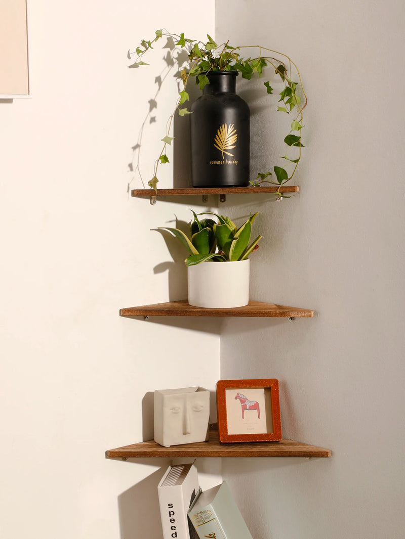 Wooden Corner Shelf Dark Wood Floating Shelf Dsiplay Stand Home Appliance Book Flower Pot Holder Living Room Accessories Gift