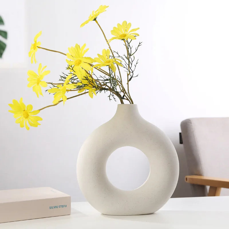 Nordic Vase Circular Hollow Ceramic Donuts Flower Pot Home Living Room.