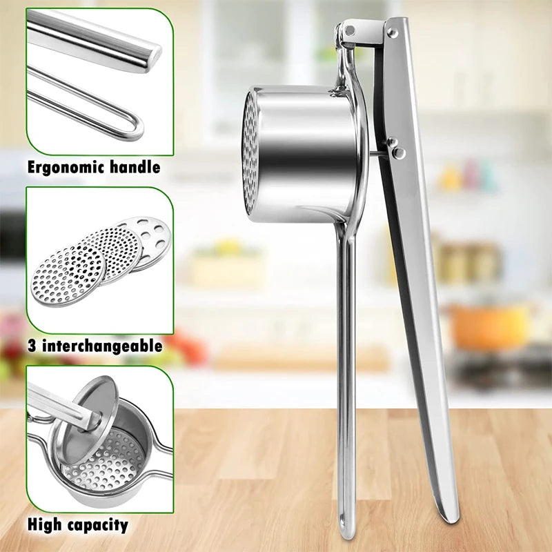 Stainless Steel Potato Ricer Manual Potato Masher With 3 Interchangeable Discs Fruit Juicer Lemon Squeezer