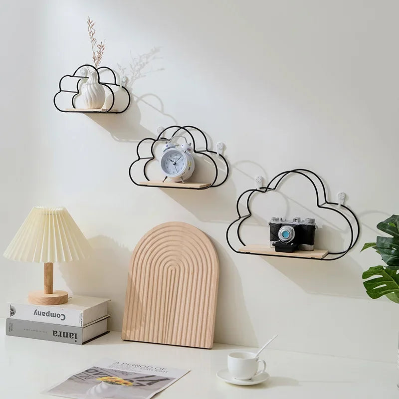 Creative Cloud Iron Shelving Wall Shelf Wooden Clapboard Nordic Style Decoration Children Room Decoration Display Stand