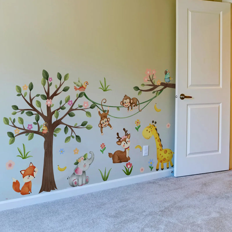 Large Cartoon Animal Stickers Giraffe Elephant Wall Sticker Children's Room Baby Bedroom Wallpaper Animals Wall Sticker for Kids