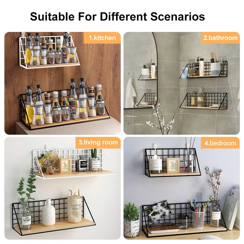 Wall Mounted Shelves Without Drilling Wood Hanging Shelf For Living Room Bedroom Storage Basket Wall Decoration Rack Organizers