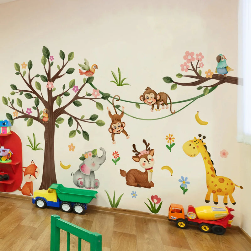 Large Cartoon Animal Stickers Giraffe Elephant Wall Sticker Children's Room Baby Bedroom Wallpaper Animals Wall Sticker for Kids