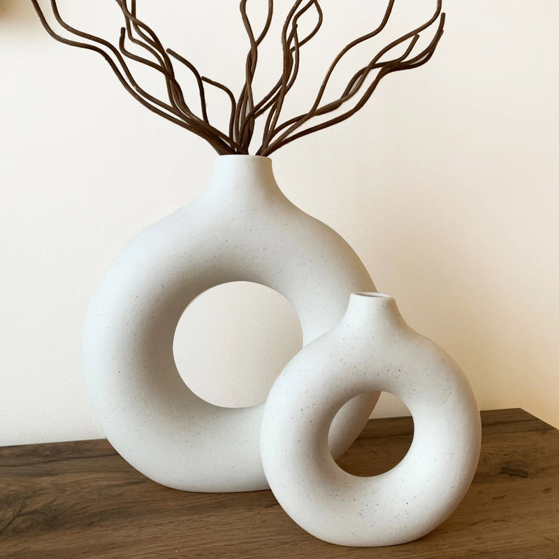 Nordic Vase Circular Hollow Ceramic Donuts Flower Pot Home Living Room.