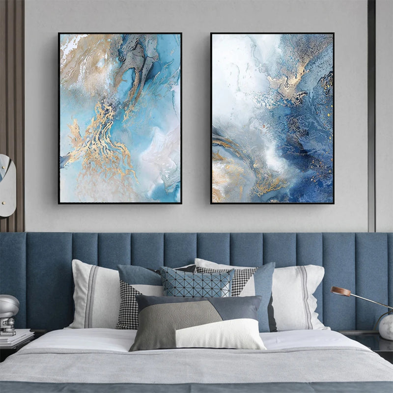 Blue Gold Abstract River Canvas Painting Modern Wall Art Posters Prints Landscape Pictures for Living Room Home Decor No Frame