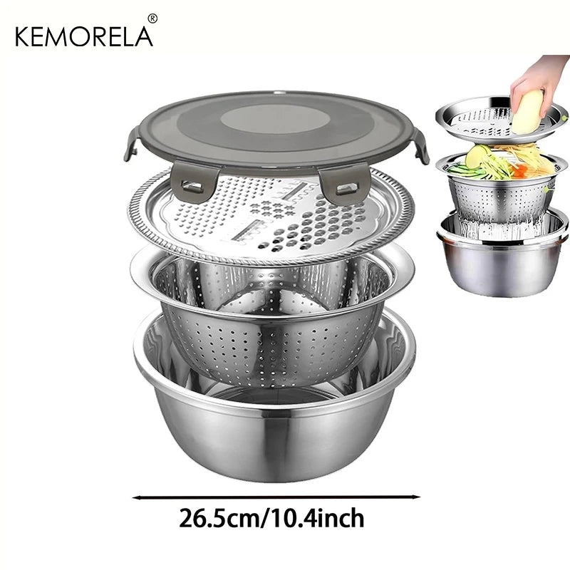 4 In1 Multifunctional Stainless Steel Basin with Lid Airtight Rice Washer Drain