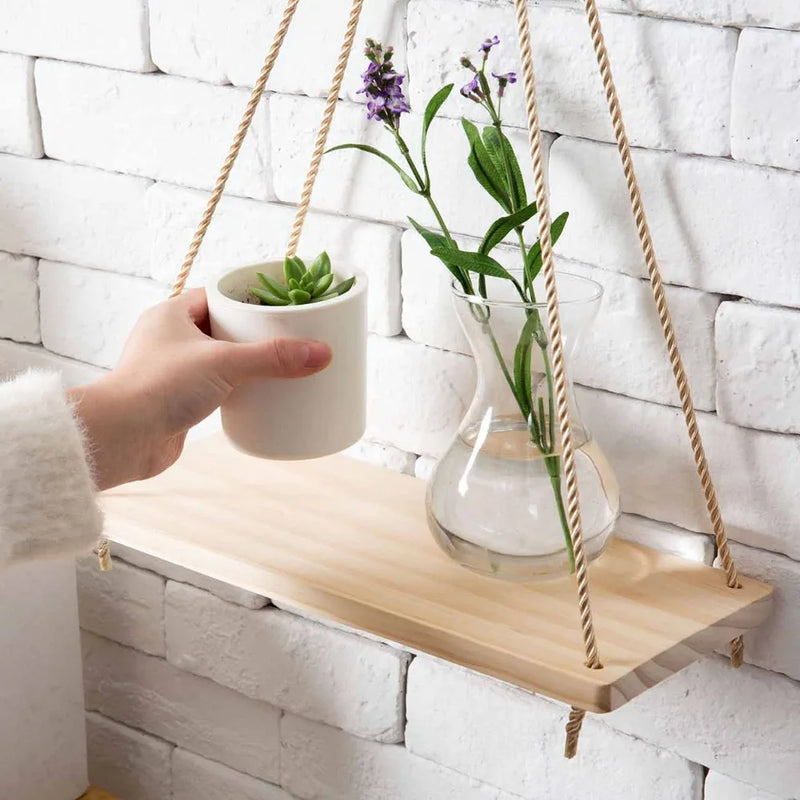 1pc Wood Swing Hanging Rope Wall Mounted Floating Shelves Home Living Room Wall Shelf Sundries Storage Outdoor Garden Decoration