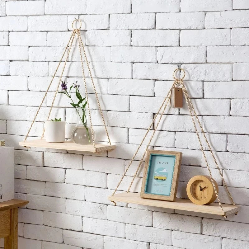 1pc Wood Swing Hanging Rope Wall Mounted Floating Shelves Home Living Room Wall Shelf Sundries Storage Outdoor Garden Decoration