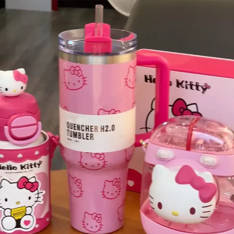 Miniso Hello Kitty 40Oz Stainless Steel Insulated Mug Pink with Handle Straw Mugs Large Capacity Thermos Drinks Coke Coffee Mug