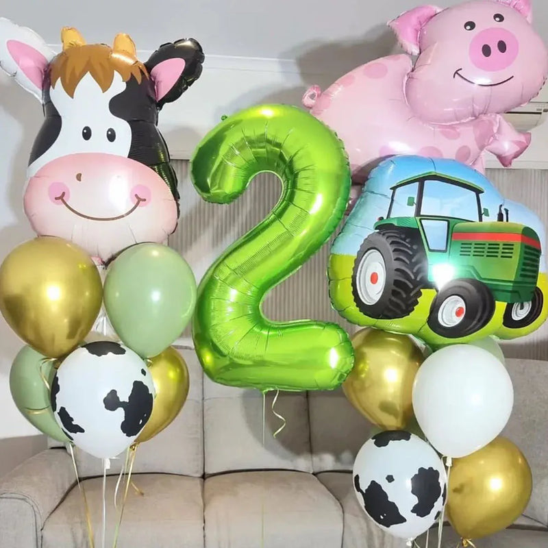 17pcs Farm Theme Green Tractor Cow Pig Inflatable Balloons 40inch Number Balloon 1 2 3 4 Happy Birthday Party Decor Baby Shower