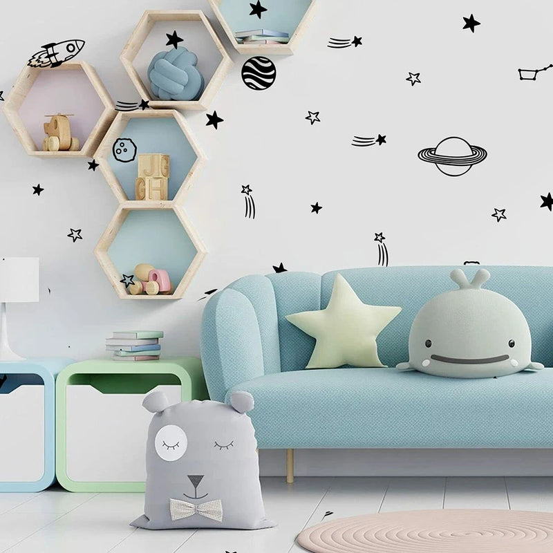 Cartoon Space Stars Planets Rocket Wall Sticker Decal Astronomy Sky Teen Kids Playroom Bedroom  Home Decor