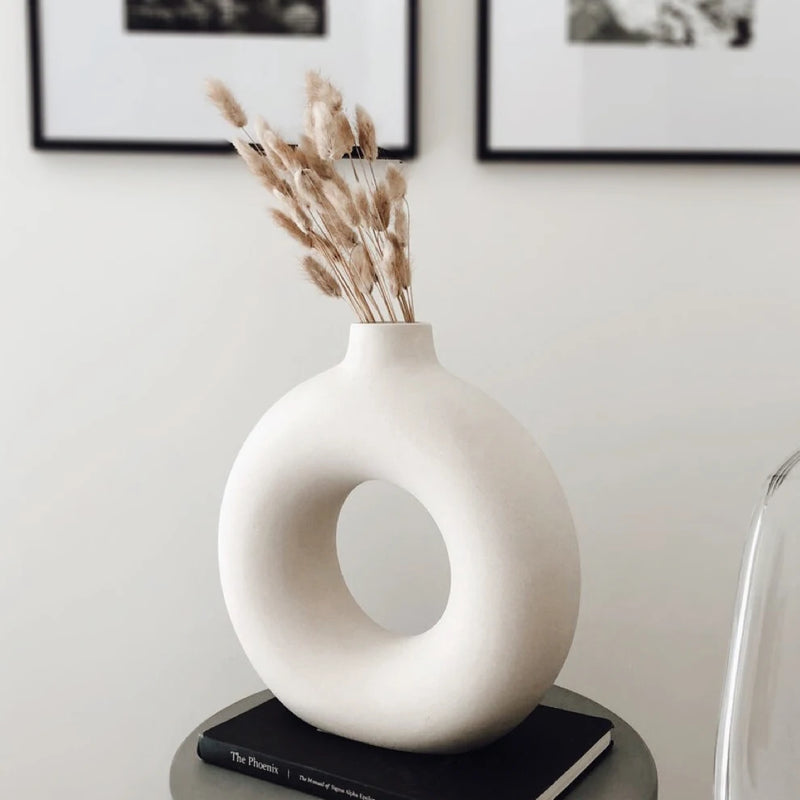 Nordic Vase Circular Hollow Ceramic Donuts Flower Pot Home Living Room.