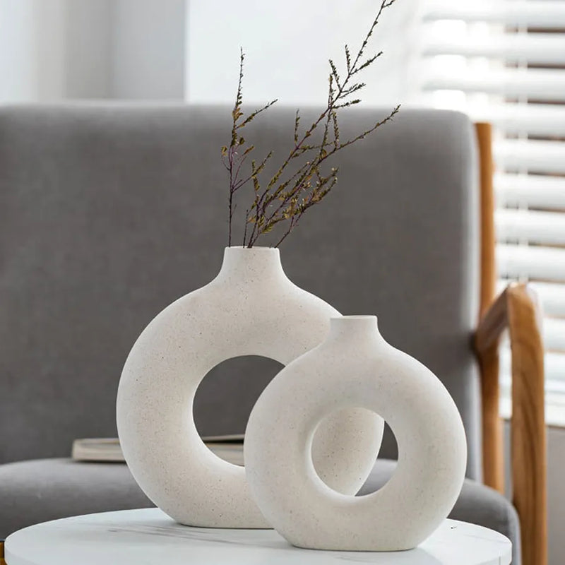 Nordic Vase Circular Hollow Ceramic Donuts Flower Pot Home Living Room.