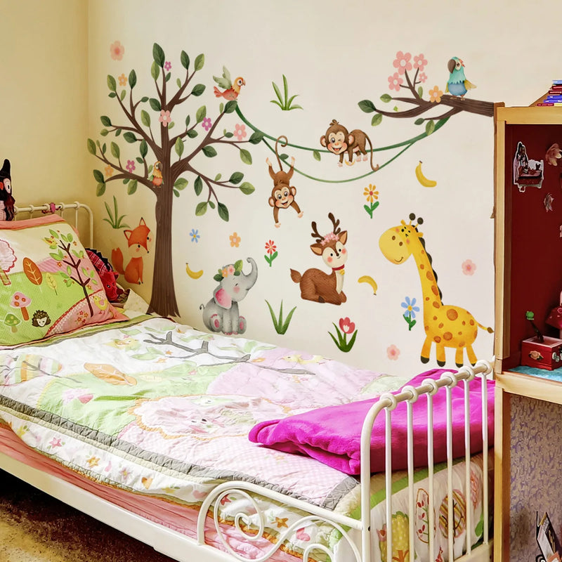 Large Cartoon Animal Stickers Giraffe Elephant Wall Sticker Children's Room Baby Bedroom Wallpaper Animals Wall Sticker for Kids