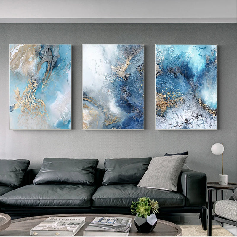 Blue Gold Abstract River Canvas Painting Modern Wall Art Posters Prints Landscape Pictures for Living Room Home Decor No Frame