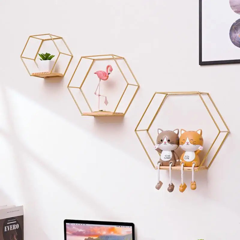 Wall Mounted Hexagon Shelf Handicraft Display Rack Floating Wall Shelf Sundries Storage Holder Living Room Home Decoration