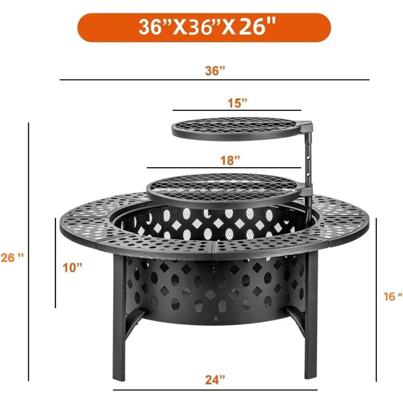 36 Inch Three in One Fire Pit with 2 Grills, Outdoor Wood Burning Fire Pit with Cover, Matchstick, and Circular Waterproof Cover