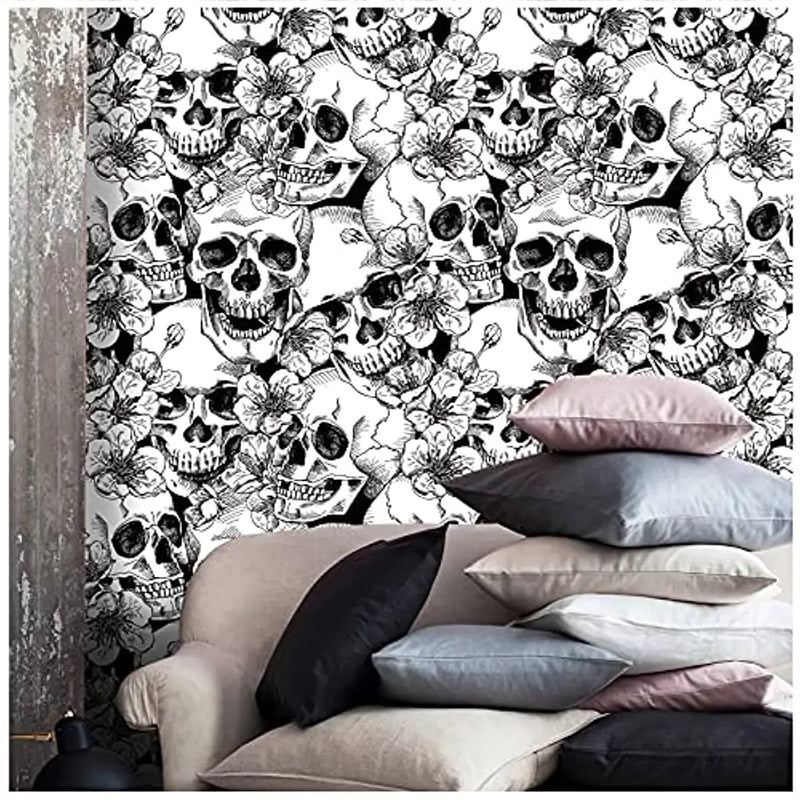 Sugar Skull Floral Peel and Stick Wallpaper Black/White Removable Skull Self Adhesive Wallpaper for Bedroom Accent Wall Decor