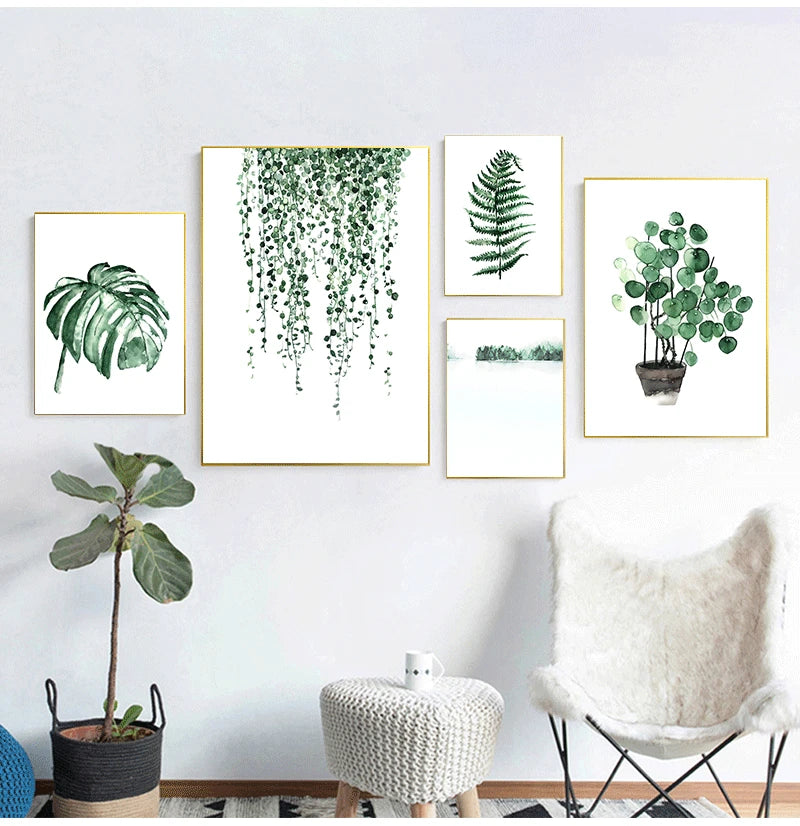 Wall Art Paintings for Living Room Home Decor Scandinavian Style Tropical Plants Poster Green Leaves Decorative Picture Modern